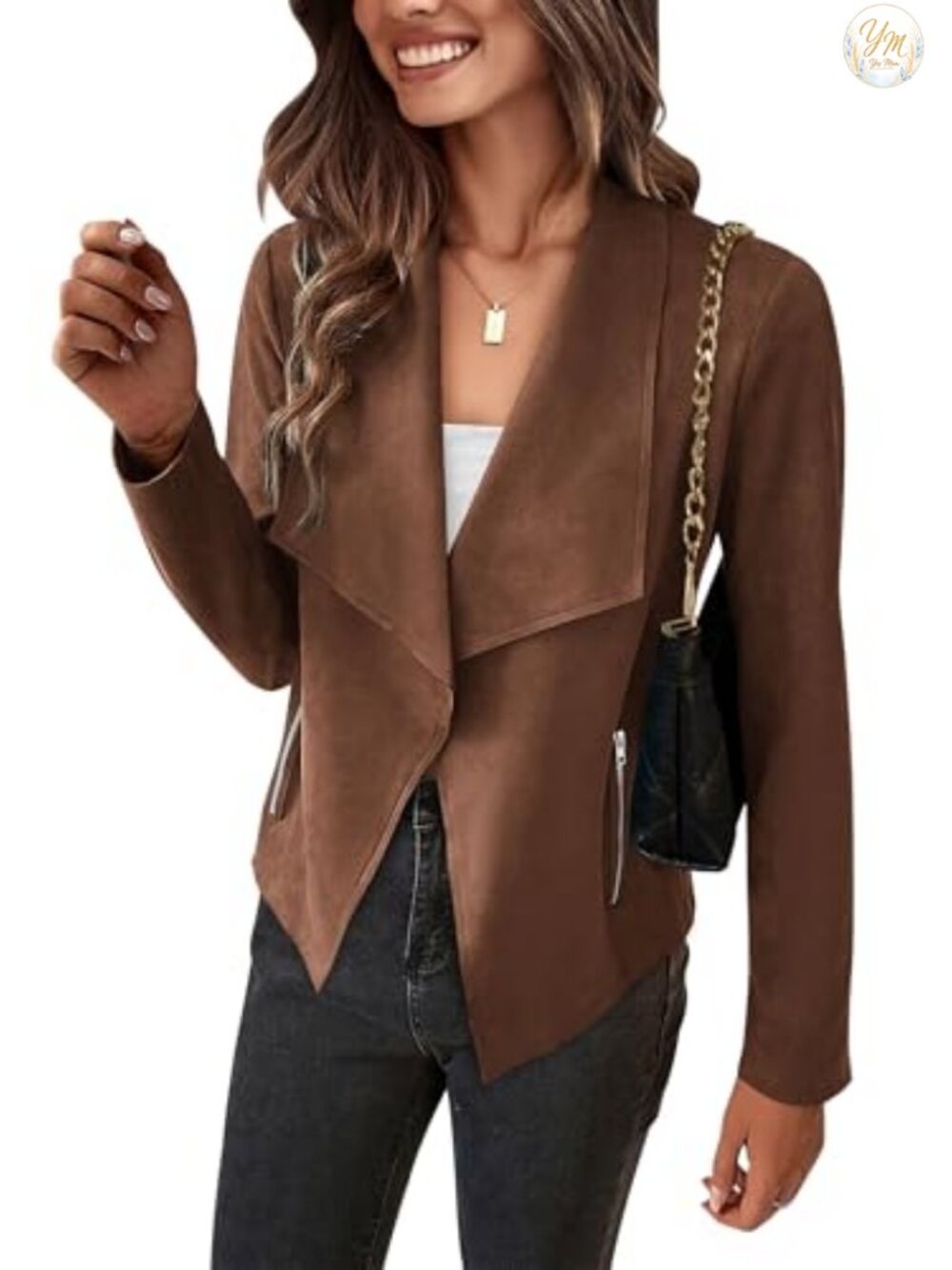 Faux Suede Cropped Jacket with Waterfall Collar and Pockets